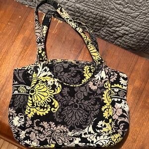 Vera Bradley Black Quilted Purse with Yellow and Gray Floral Print